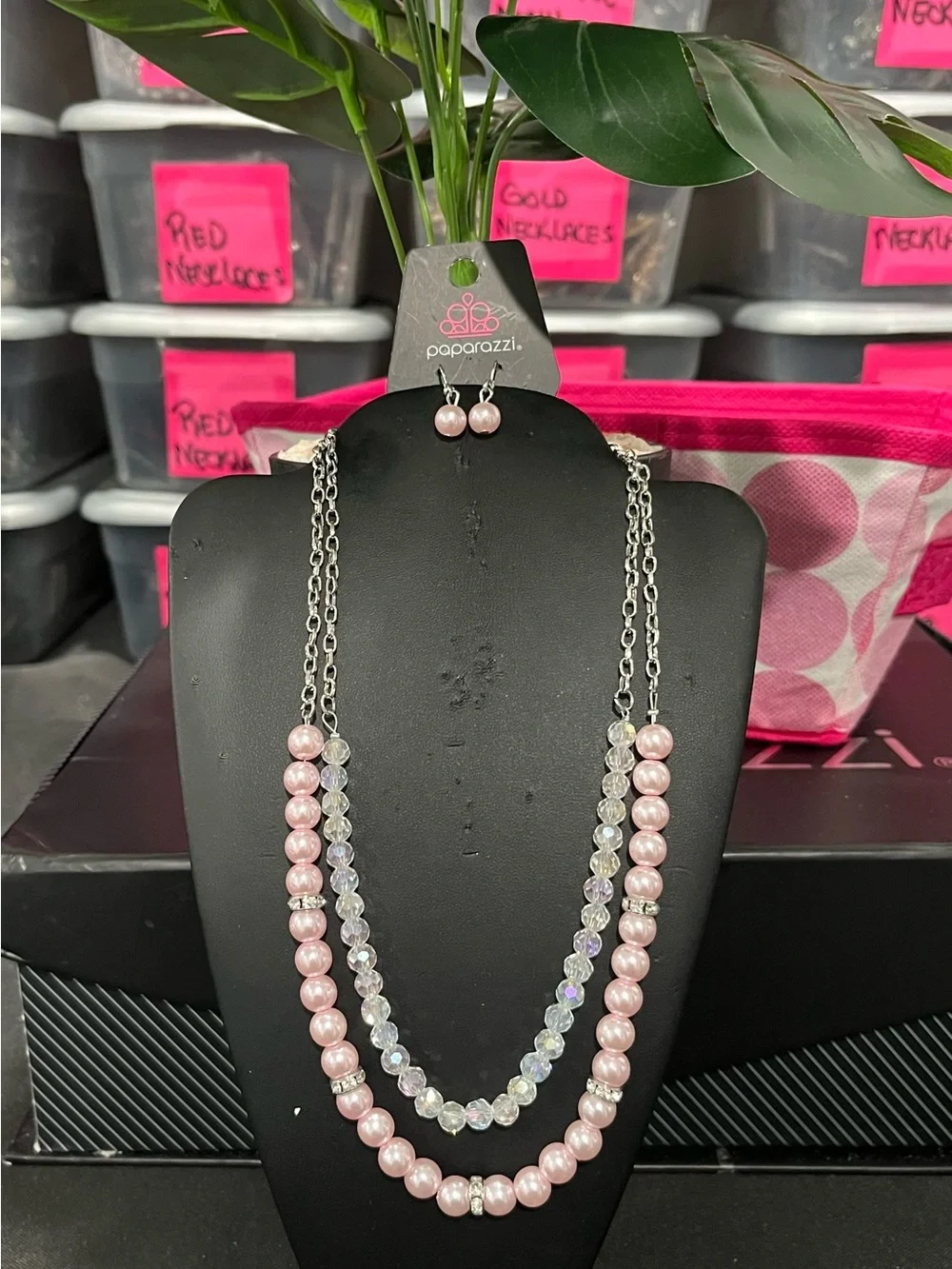 Paparazzi Pink Pearl and Iridescent Double Strand Necklace Set